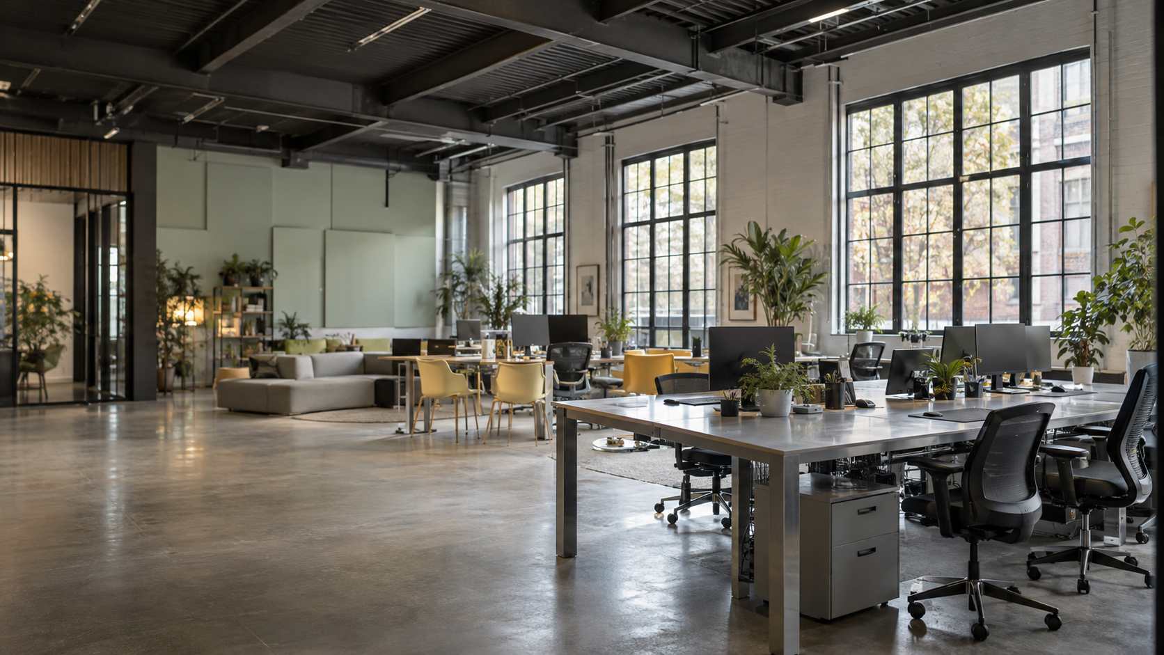 Sunlit creative workspace with mint acoustic panels, yellow chairs, and carefully arranged worktables.