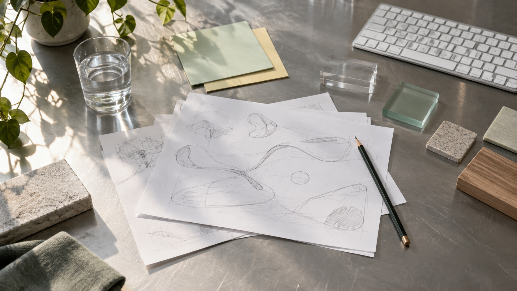 A close view of a creative planning table with paper studies, material samples, and a keyboard in natural daylight.